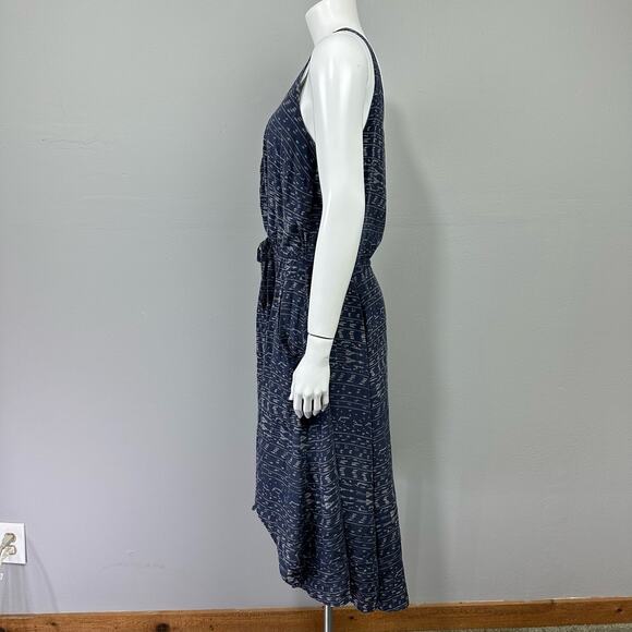 NSF Washed Silk Midi Dress Sz S Navy Blue Boho Printed Pockets Hi Low Scoop Neck - Picture 5 of 11